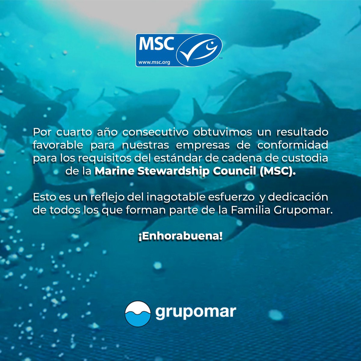 Grupomar's tweet photo. Estamos orgullosos que nuestras empresas Maratún, Martuna, Marfrigo y Marindustrias hayan conseguido por cuarto año consecutivo el reconocimiento de @MSCenMexico en su estándar de la cadena de custodia. 

¡Muchas felicidades a todos nuestros colaboradores! https://t.co/c3CSHlgSP9