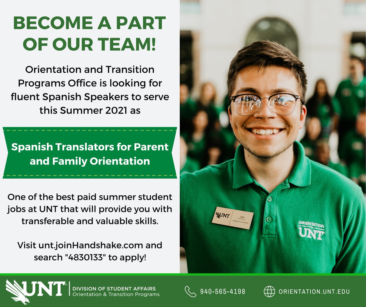Excellent opportunity to get involved on campus this summer and great chance to have an extra income! Find out more on UNT.joinhandshake.com job# 4830133