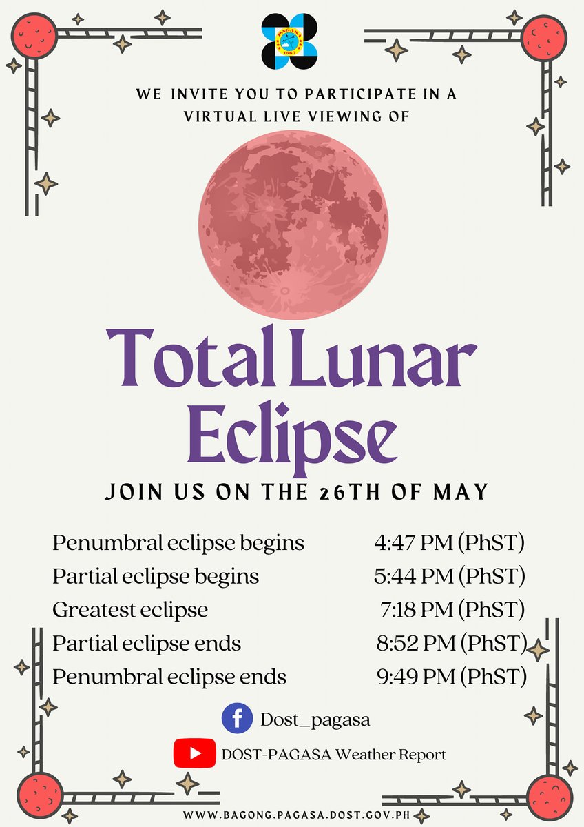 PhilSpaceAgency's tweet photo. .@dost_pagasa is inviting everyone to a virtual live viewing of the Total Lunar Eclipse on May 26, Wednesday! ✨
👉👉https://t.co/yvZm6wJWeB
#AstroPH
#TotalLunarEclipse2021
#TLE2021
Photo Credit: @dost_pagasa https://t.co/gfFizPgbcG
