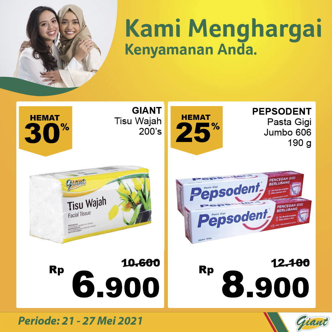 Belanja produk kebersihan dengan #HargaMurahSetiapHari hanya di Giant.

Dapatkan promo GIANT Tissu wajah dan pasta gigi Pepsodent. Hemat hingga 30% lho.

Ayo belanja sekarang, jangan sampai kelewatan ya.

#GiantIndonesia