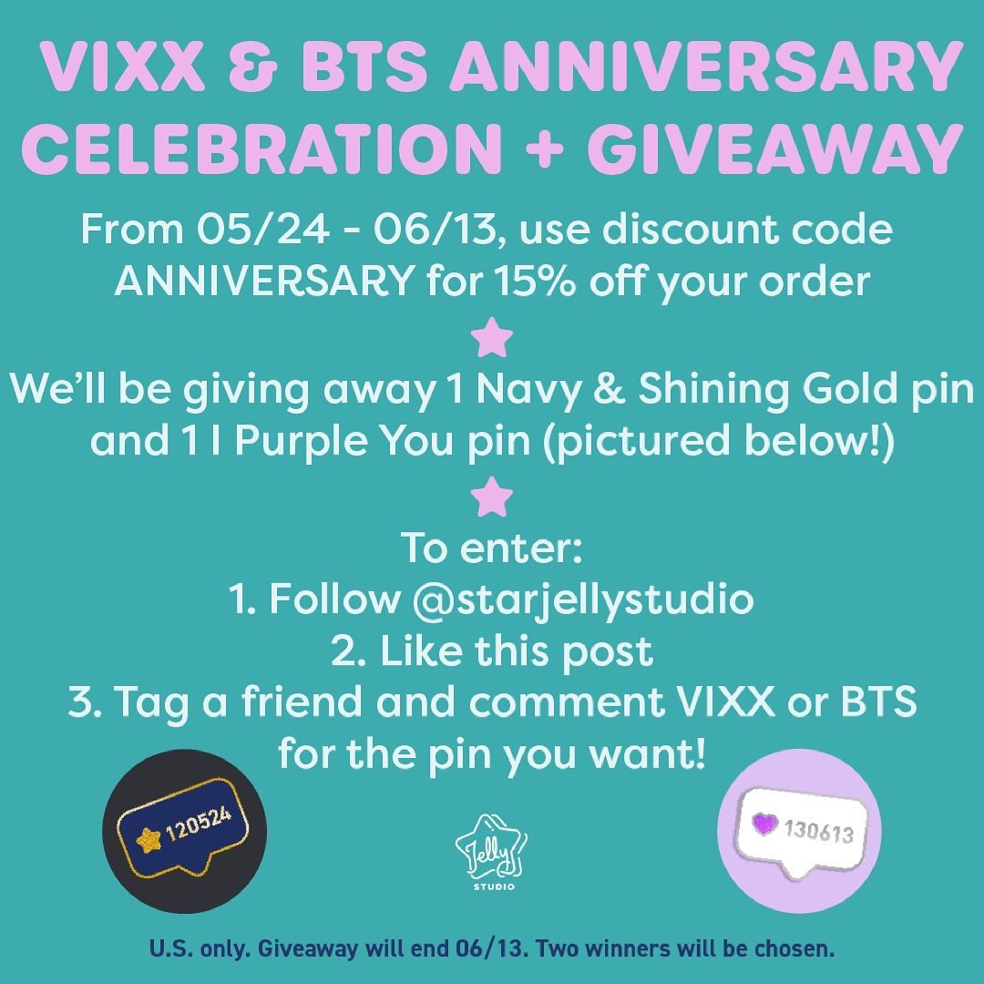 To celebrate the anniversaries of both our favorite groups, we’re giving you all a special discount code and holding a giveaway! Check out the giveaway details below, and from 5/24 to 6/13, use code ANNIVERSARY for 15% off @ starjellystudio.com 💗 #VIXX #BTS #kpop #giveaway