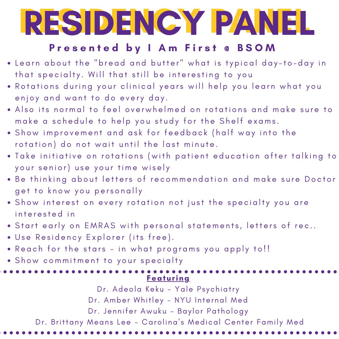 BSOM_firstgen's tweet photo. A huge thank you to our amazing panelists who gave such great advice and insight about residency, medical school and everything in between.
Click to read a few pieces of advice or follow link in bio to watch the entire panel!
#firstgenphysician https://t.co/PkiPUxvfLl