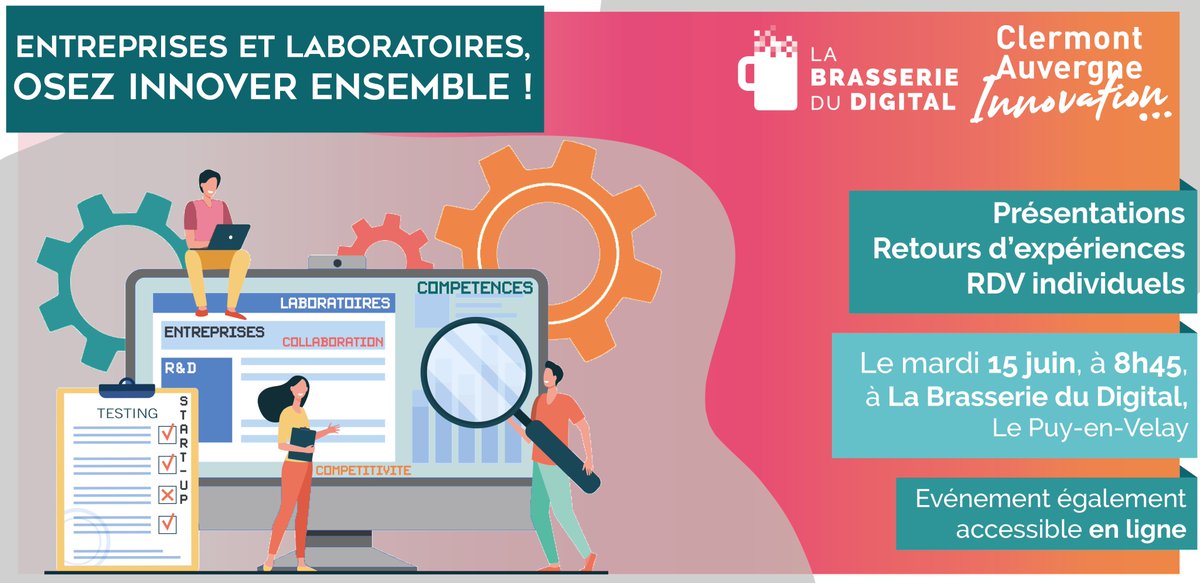 📅 #SaveTheDate - Mardi 15 juin, à 8h45 à La Cité Numérique du Pensio, venez assistez à l'événement 💡⚙️"Entreprises et laboratoires, osez innover ensemble" 💻🚀 - proposé par <a href="/brasseriedigit/">La Brasserie du Digital</a> et <a href="/CAI_Clermont/">Clermont Auvergne Innovation</a> #PuyenVelay

Inscrivez-vous sans attendre 👉 lnkd.in/d_yiTUd