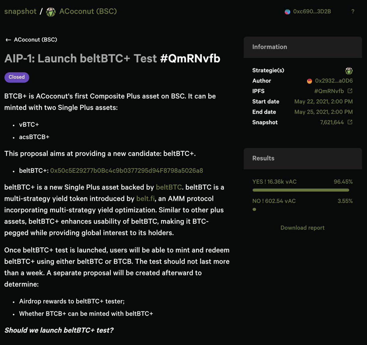 ACoconutDAO's tweet photo. 📢AIP #1 has successfully passed with a 96.45% passing rate! 

✨BeltBTC+ is now live on #ACoconut on #BSC 

🍭Enjoy up to 7.2% #RealAPY paid out in #BTC with BeltBTC+ @belt_finance 

👇You asked, we delivered https://t.co/L4Z0pwZiL2

$AC #FrictionlessLiquidity https://t.co/5hj9g7xIoA