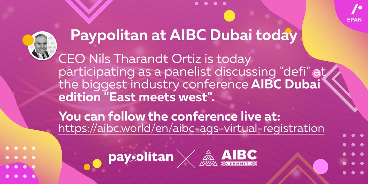 paypolitan's tweet image. CEO Nils Tharandt Ortiz is today participating as a panelist discussing "defi" at the biggest industry conference AIBC Dubai edition "East meets west"!
You can follow the conference live at: aibc.world/en/aibc-ags-vi…