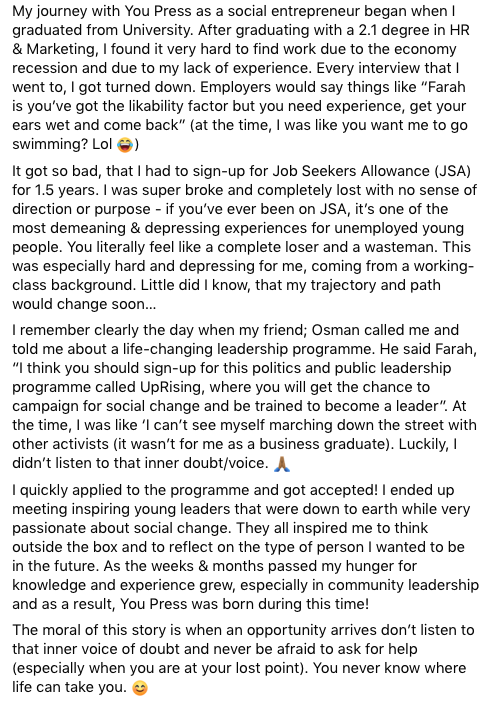 Farah_Mohammoud's tweet photo. Not many people know how my journey began as a grassroots community leader &amp; a social entrepreneur with @You_Press. Scroll down and click on the short story attached to find out! 😊

#LifeExperiences #SocialChange #Purpose #YouPress #SocialEntrepreneurship #socialenterprise https://t.co/8cR4O3ZEPw