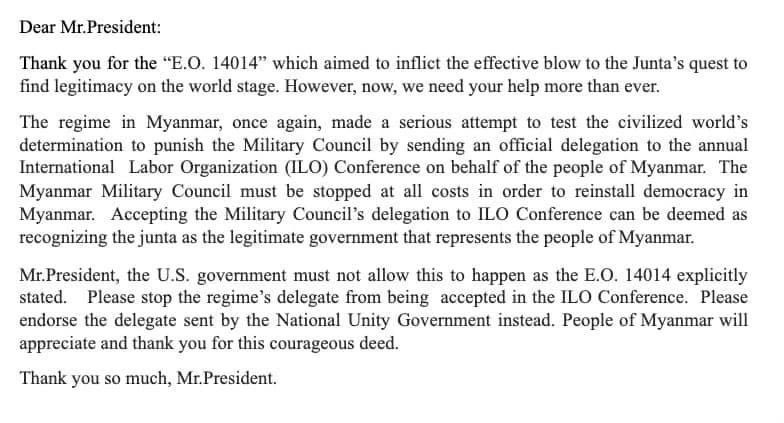 EaintAung's tweet photo. #BidenRejectMilitaryJunta #ILOSayNotoMilitaryJunta #NUGforILO @POTUS @KamalaHarris @AOC @SpeakerPelosi @MY4D_official https://t.co/AzqItk4MgE