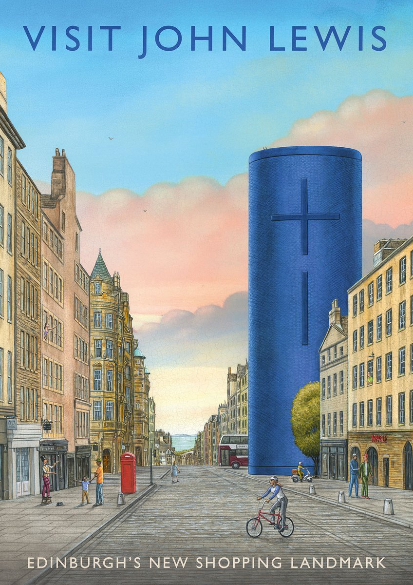 Campaignmag's tweet photo. Ad of the Day: John Lewis celebrates the reopening of its Edinburgh shop with ads featuring quirky takes on the city's famous vistas by artist Marc Burckhardt https://t.co/SRg0gcMYdu via @aandeddb https://t.co/4nnDXb4bGd