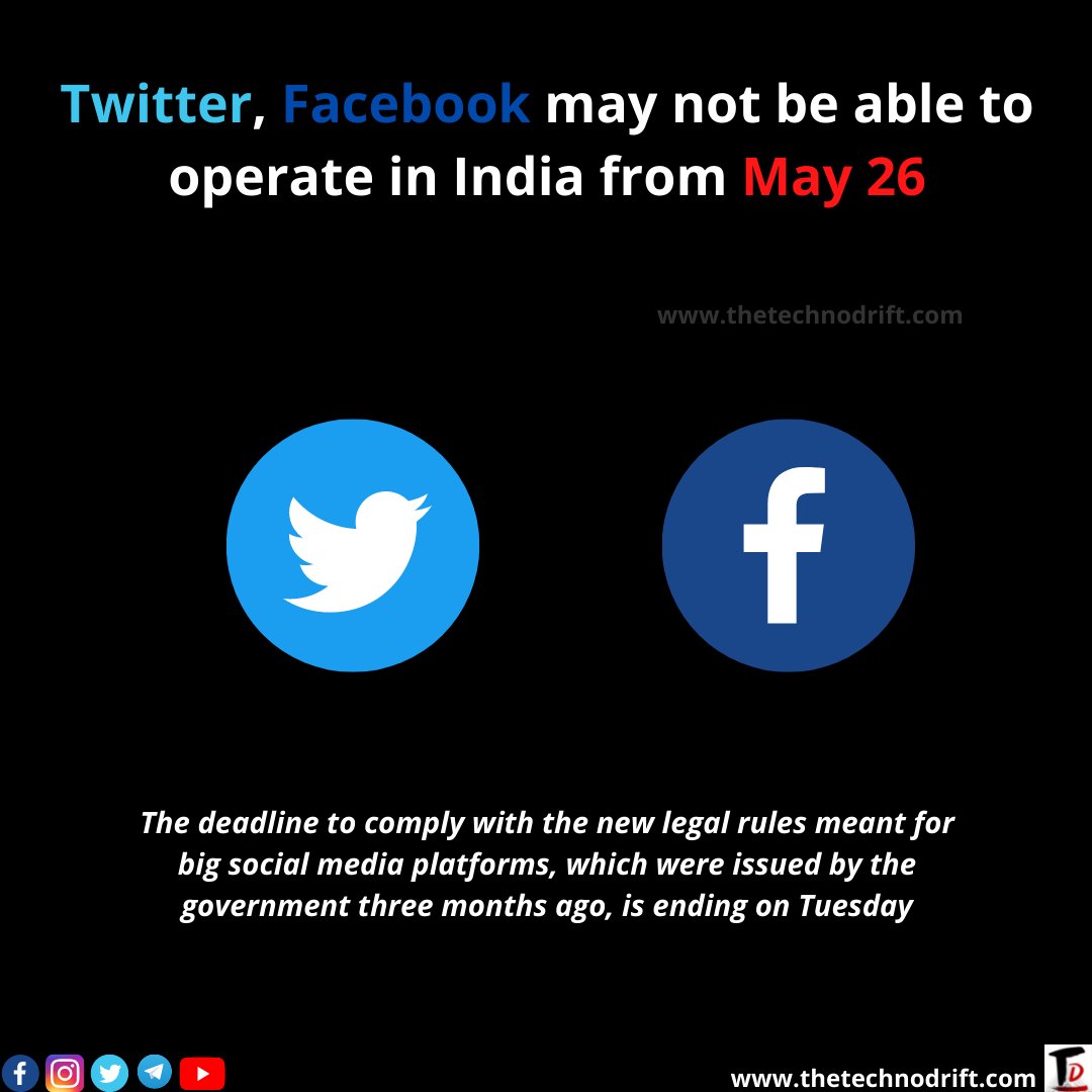 techno_drift's tweet image. Twitter and Facebook may not be able to operate in India from May 26th #TwitterIndia #TwitterIndiaRaid #Facebook #tech #technews #technology
Visit our website at thetechnodrift.com
Check out our youtube channel at youtube.com/c/TheTechnoDri…