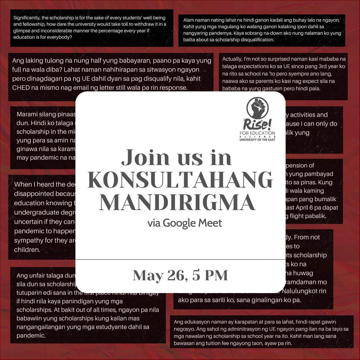 r4eUE's tweet photo. Patapos na ang klase ngunit hanggang sa ngayon ay wala pa ring tugon mula sa admin ng UE hinggil sa hindi makatwirang pagtanggal ng scholarship sa mga mandirigma. Ano na nga ba ang kalagayan ng mga UE Warriors ngayon? https://t.co/PXExcyGWKs