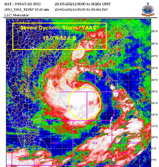 Indiametdept's tweet photo. SCS ‘Yaas’ lay centred at 0530 hrs IST of today, about 320km SSE of Paradip, 430km SSE of Balasore, likely to move north-northwestwards, to cross north Odisha coast during noon of 26th May as a VSCS. https://t.co/SV33nLgG8Z
