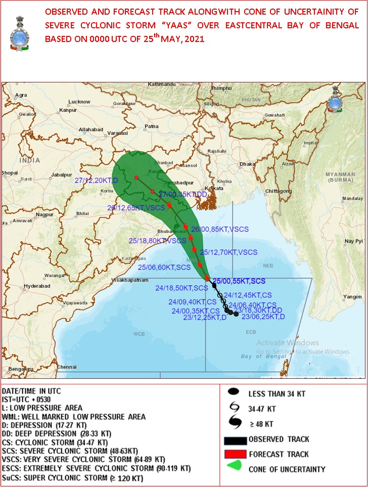 Indiametdept's tweet photo. SCS ‘Yaas’ lay centred at 0530 hrs IST of today, about 320km SSE of Paradip, 430km SSE of Balasore, likely to move north-northwestwards, to cross north Odisha coast during noon of 26th May as a VSCS. https://t.co/SV33nLgG8Z