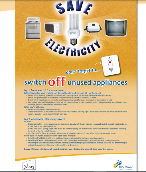 ⚠️ALERT

City Power urges customers to switch off all unnecessary lights, your geyser, pool pump, and any other non-essential appliances.

This will ease overload on our network this winter. 

#SaveEnergyJHB ^DR