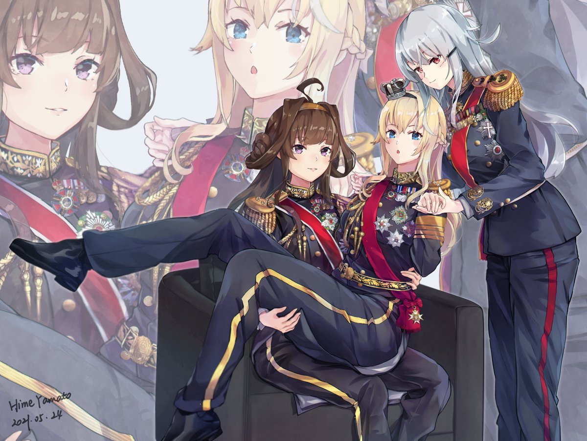 gangut (kancolle) ,kongou (kancolle) ,warspite (kancolle) multiple girls crown blonde hair mini crown hair bun brown hair long hair  illustration images