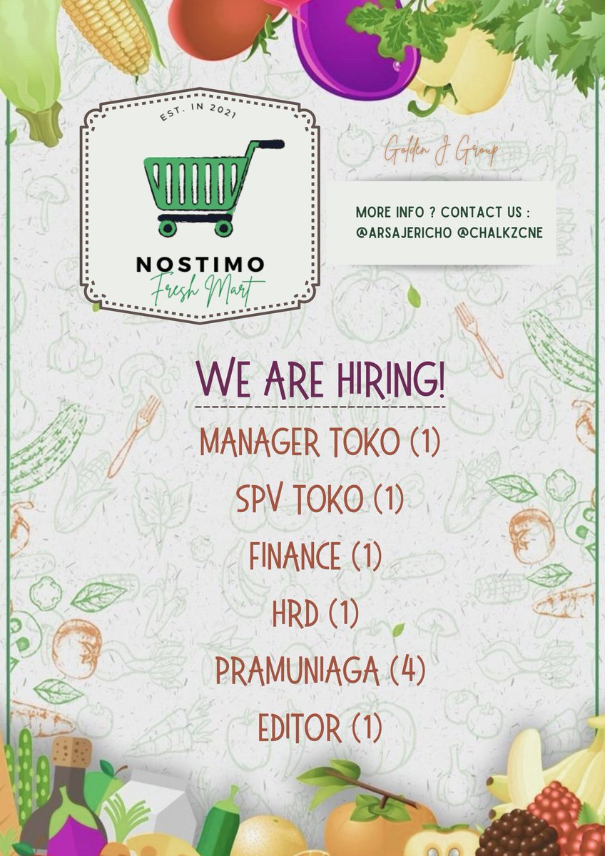[HELP RETWEET]

WE ARE LOOKING FOR YOU!

Nostimo Fresh Mart (Oganic Groceries):
- Manager
- Supervisor
- Finance
- HRD
- Pramuniaga
- Editor

Apply here:
groupgoldenj.wixsite.com/office/lamar-p…
Company: Nostimo Fresh Mart
And select position you want!