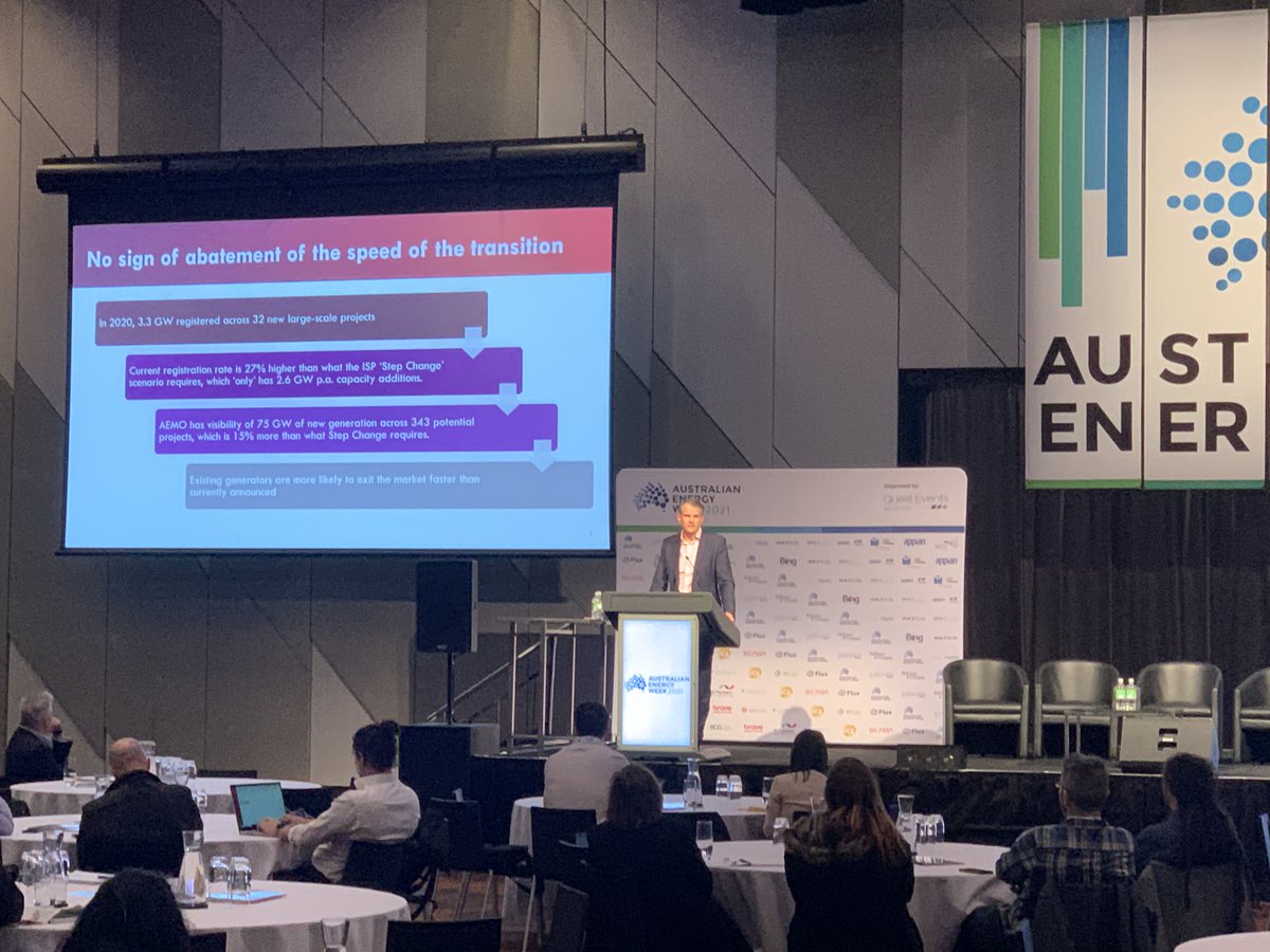 AEMO_Energy's tweet photo. "We need to build a system and market now, not in a few decades, that can operate at close to 100% instantaneous renewable energy," said AEMO's Chief System Design Officer, Alex Wonhas, at Australian Energy Week. #AEW2021 https://t.co/Xpy7WjEFDw