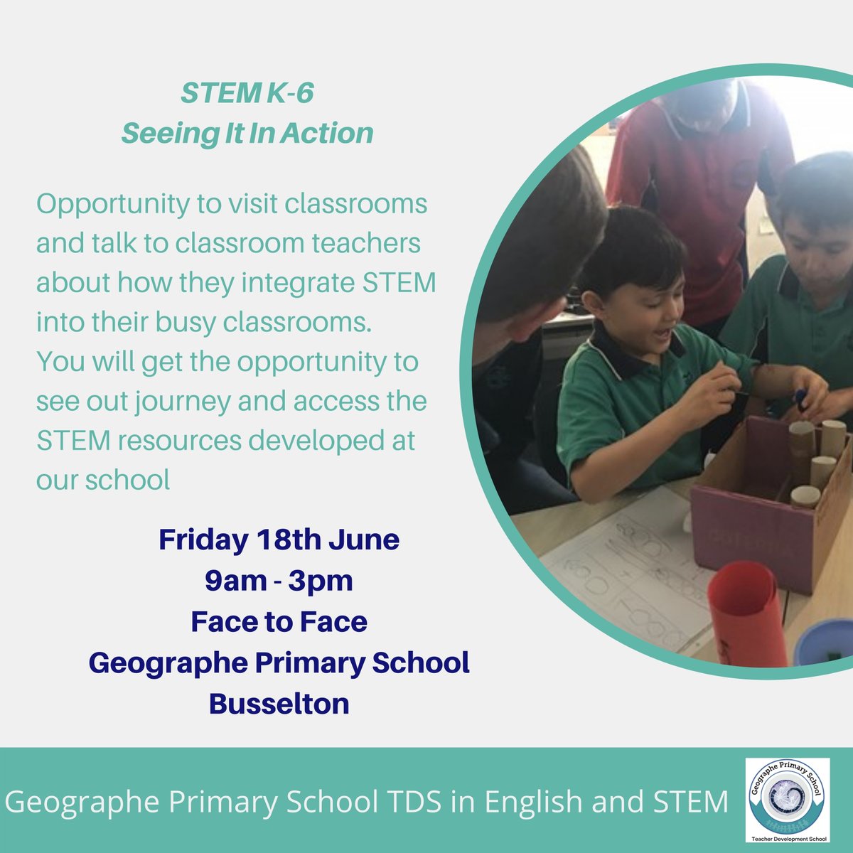 geographetds's tweet photo. STEM- Seeing it in Action 
Fancy an excuse to holiday in Bussleton. Why not head south for this event and stay on for the weekend?
Enrolment for this event is available at https://t.co/lV6KTbBt9F 
#STEM #STEMLearningProjects https://t.co/oCRVYx68c1