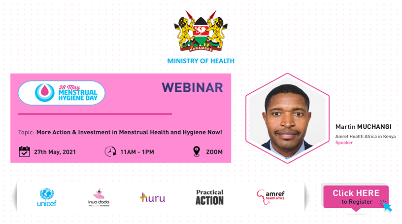 Webinar Alert 📢! In the run-up to the #MHDay2021, together with <a href="/MOH_Kenya/">Ministry of Health</a> and other Hygiene partners, we've organized a webinar on 27th May: 11:00 - 1:00pm, themed: More action &amp; investment needed in Menstrual Health &amp; Hygiene! 

Register in advance: bit.ly/3vjXZ5j