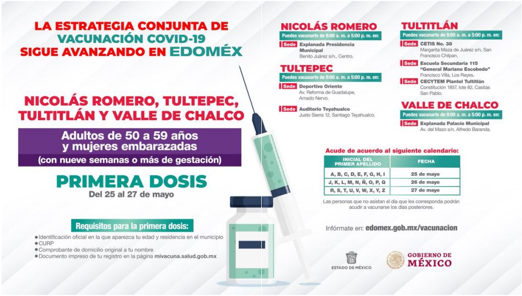 (1/3) Para dar continuidad al programa de vacunación, a partir de mañana y hasta el 29 de mayo, se estará aplicando la dosis contra la #Covid_19mx en 11 municipios del Valle de México.