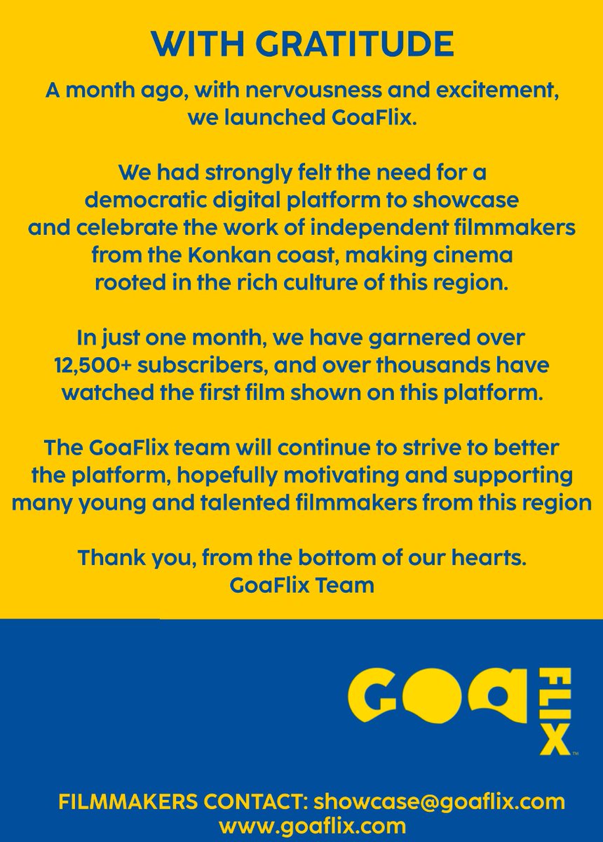 GoaFlix's tweet photo. Thank You for the love.
#goaflix #goa #konkanicinema #konkani #Marathi https://t.co/1ICwjRMaz0
