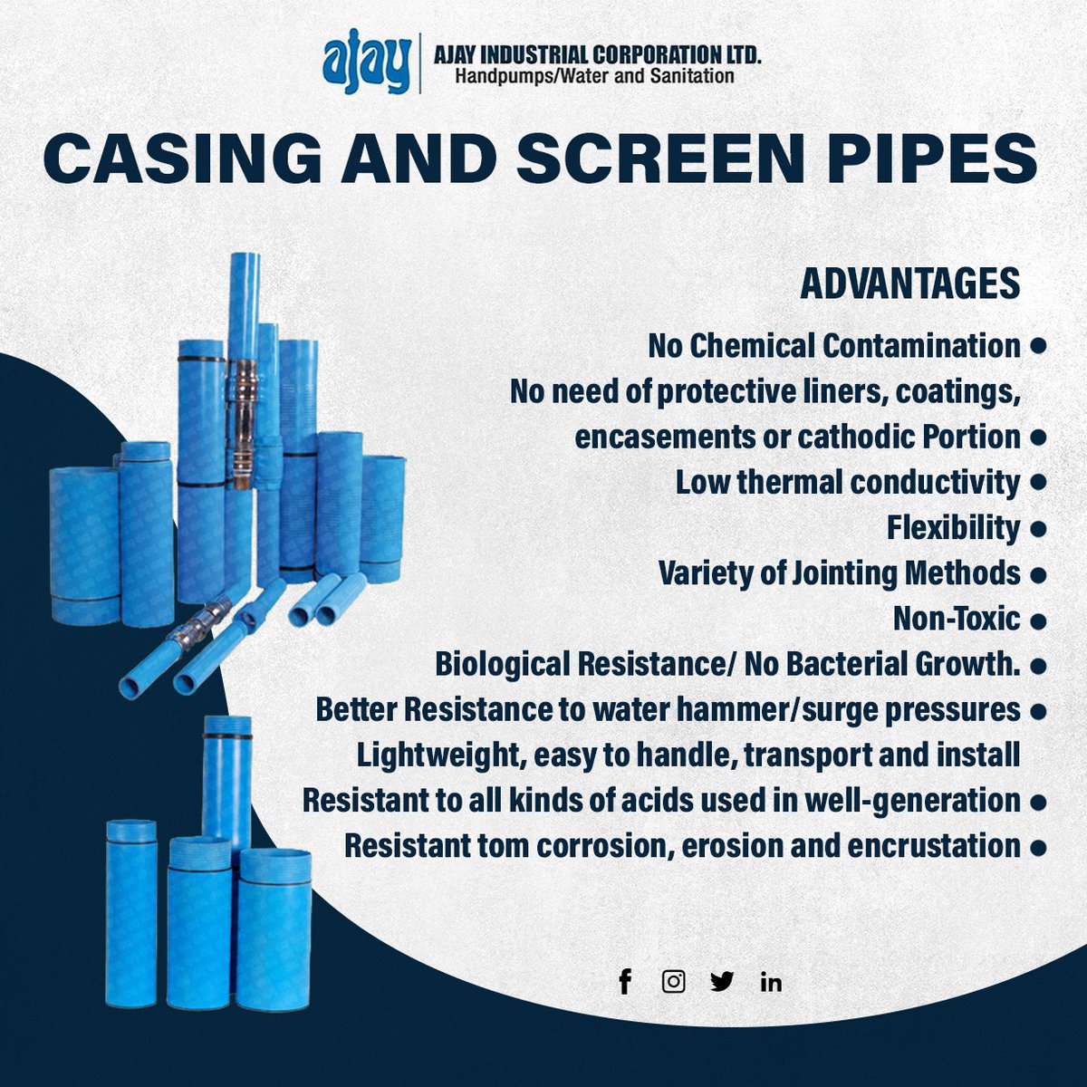 IndustrialAjay's tweet image. AJAY uPVC Casing &amp;amp; Screen Pipes for application in Borewells/Tubewells, irrigation projects are manufactured. Produced with strict quality control, The plant is equipped with a Cincinnati Milacron Twin Screw Extruder Machine. 

#casing #screenpipe #pipe #water #watermanagement