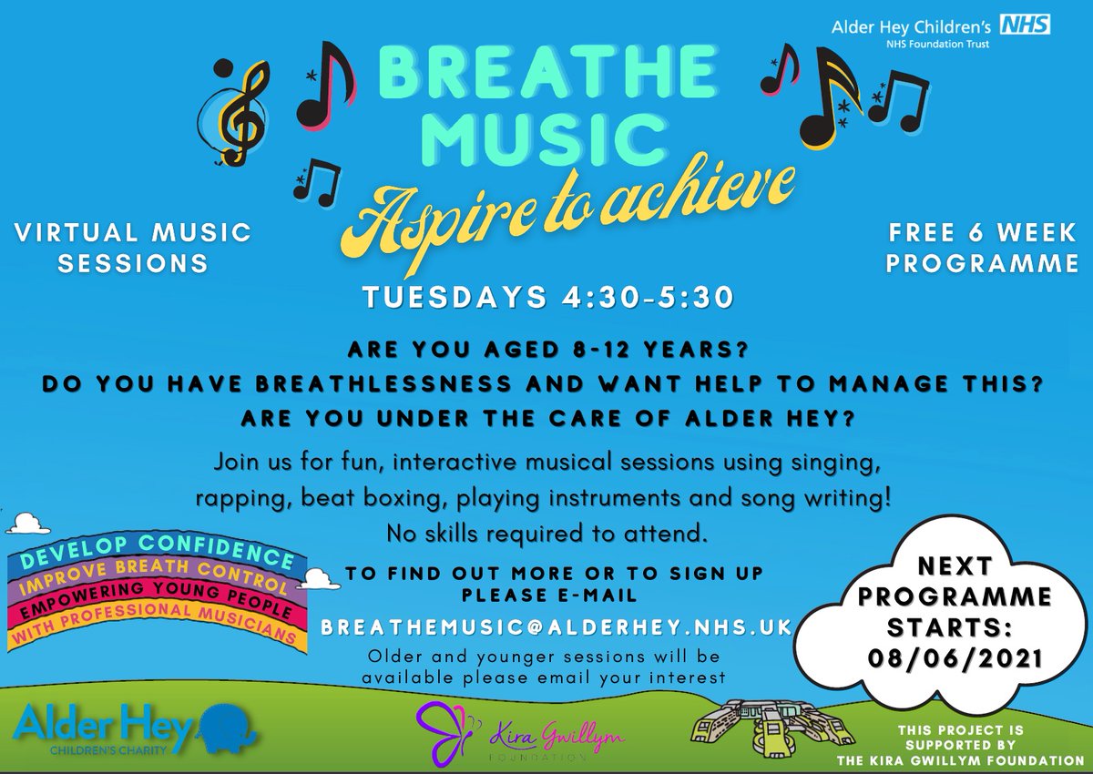 With thanks to the Kira Gwillym Foundation for their generous support of <a href="/AlderHeyCharity/">Alder Hey Children’s Charity</a> 🙌, our next round of Breathe Music 🎶 starts on Tuesday 8th June at 4.30pm. For more information, including how to sign up for the upcoming programme, see below ⬇️