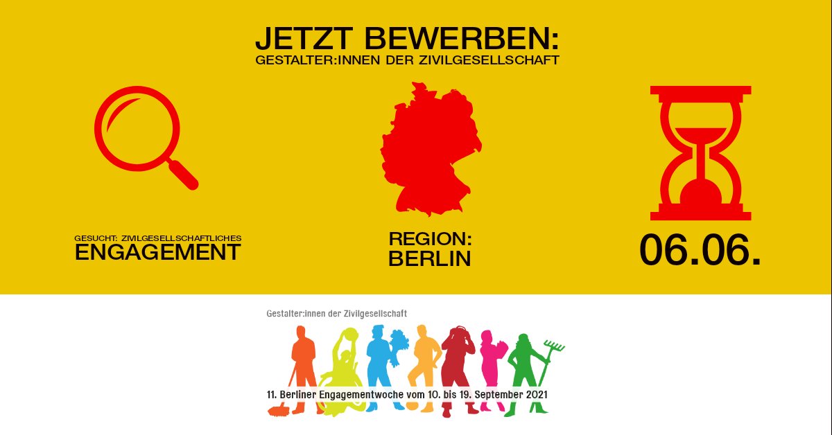 DEP_DSEE's tweet photo. Ihr engagiert euch in #Berlin? Noch bis 6.6. könnt ihr euch um den neuen Preis „Gestalter:innen der Zivilgesellschaft“ von #Landesnetzwerk Bürgerengagement und #Landesfreiwilligenagentur Berlin bewerben! 👉 https://t.co/Ar7eju4pl3 #zivilgesellschaftgestaltenwir @aktiv_in_Berlin https://t.co/MUxdxFHvrr