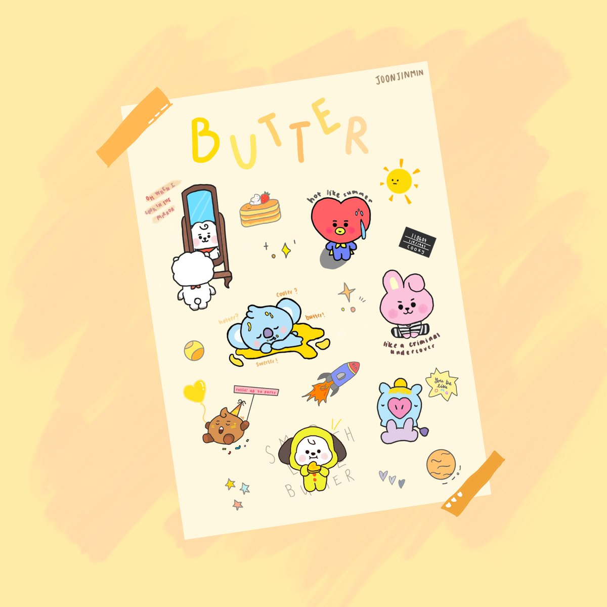 joonjinmin's tweet photo. hello surprise surprise i drew out a bt21 x butter sticker sheet💛💛 i was nvr really into art n drawings so if might seem quite amateur😬 but considering its one of my first few tries, im kinda happy with the result!! hehehe hope yall find this cute n hv a great day~ https://t.co/WPfq3AbjFy