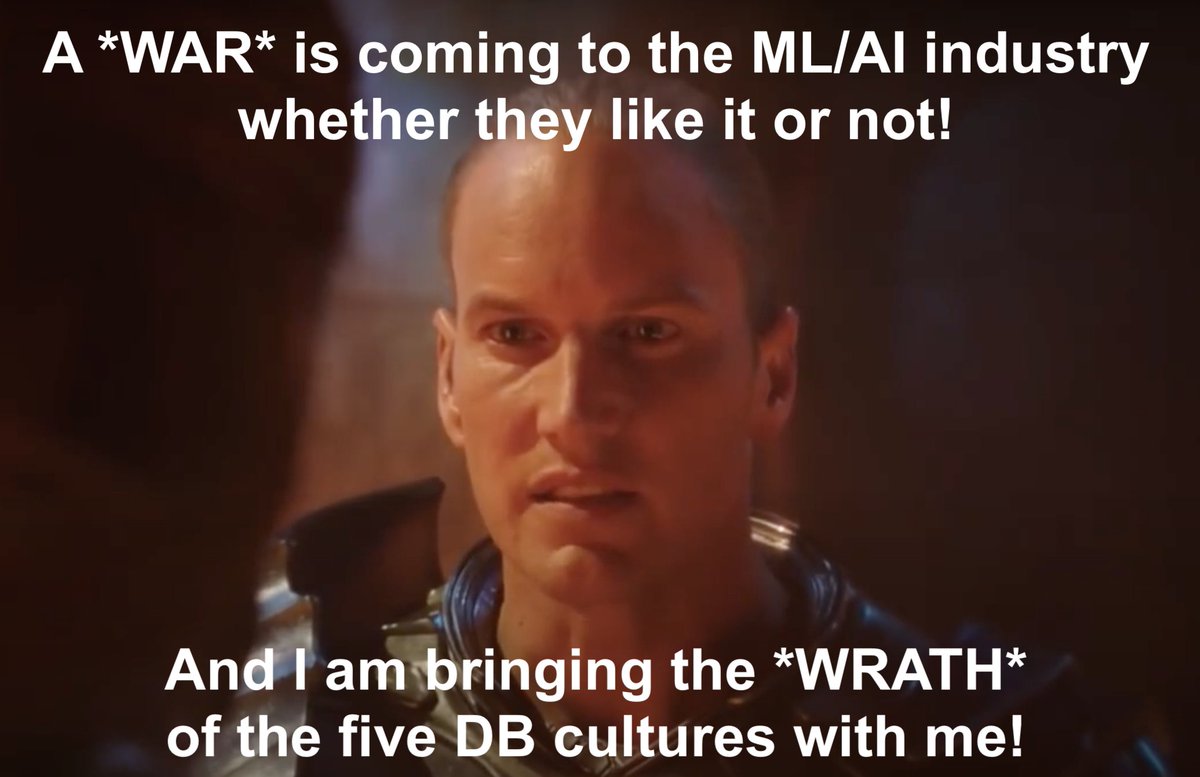 1/7: 🚨ATTENTION!🚨 

A panel debate you DO NOT WANT TO MISS is coming soon to <a href="/SIGMOD_2021/">SIGMOD/PODS 2021</a>!

Thank you <a href="/joe_hellerstein/">Joe Hellerstein</a>, <a href="/ihabilyas/">Ihab Ilyas</a>, <a href="/sarahcat21/">Sarah Catanzaro</a>, Luna, Felix, &amp; Dr. A. Diaboli for joining!

ML/AI hell hath no FURY like DB folks scorned! This is WAR! 🎆

Spread the word. A 🧵👇