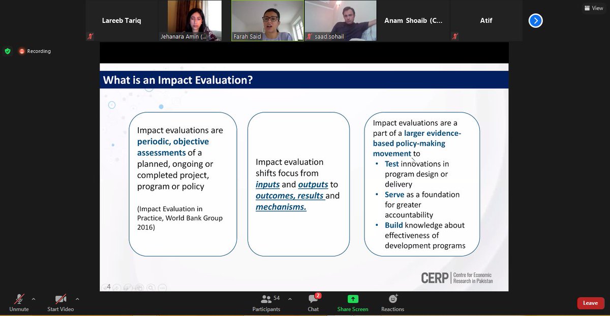 CERPakistan's tweet photo. Dr.@_farahsaid on Impact Evaluation: Impact evaluations are a part of a larger evidence-based policymaking movement &amp; are periodic, objective assessment of a planned, ongoing or completed project, programme or policy.

#CERPExecEd #bootcamp #training #professionaldevelopment https://t.co/OZV1eza2LY