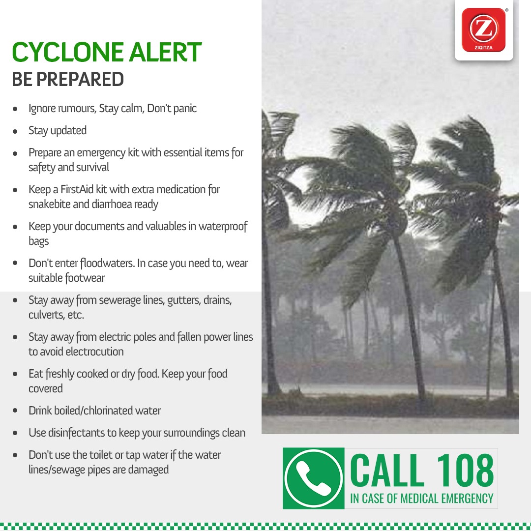 Ziqitza's tweet photo. #CycloneYaas may bring with destruction. It is imperative that we stay prepared and safe. We list down a few precautionary measures to ensure you safety. #Call108 in case of any medical emergency.
#OdishaCares #Ziqitza
@Sabyasachibiswa @HFWOdisha @nhmodisha @CMO_Odisha https://t.co/fi9bXUNvRV