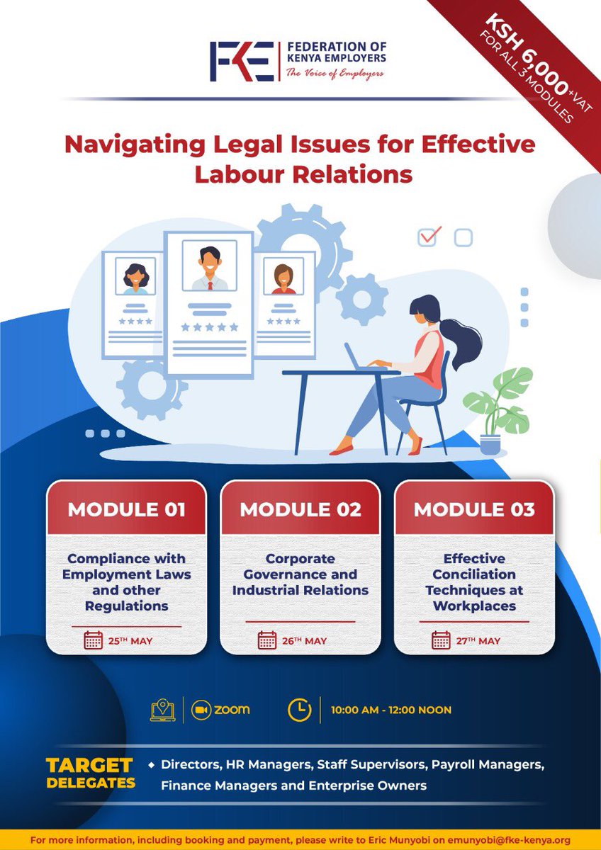 FKEKenya's tweet photo. Good morning, never too late to join us for this engaging session with our Legal and Industrial Relations team today! #FKEtraining
#jobfairy https://t.co/N112RAWiSG