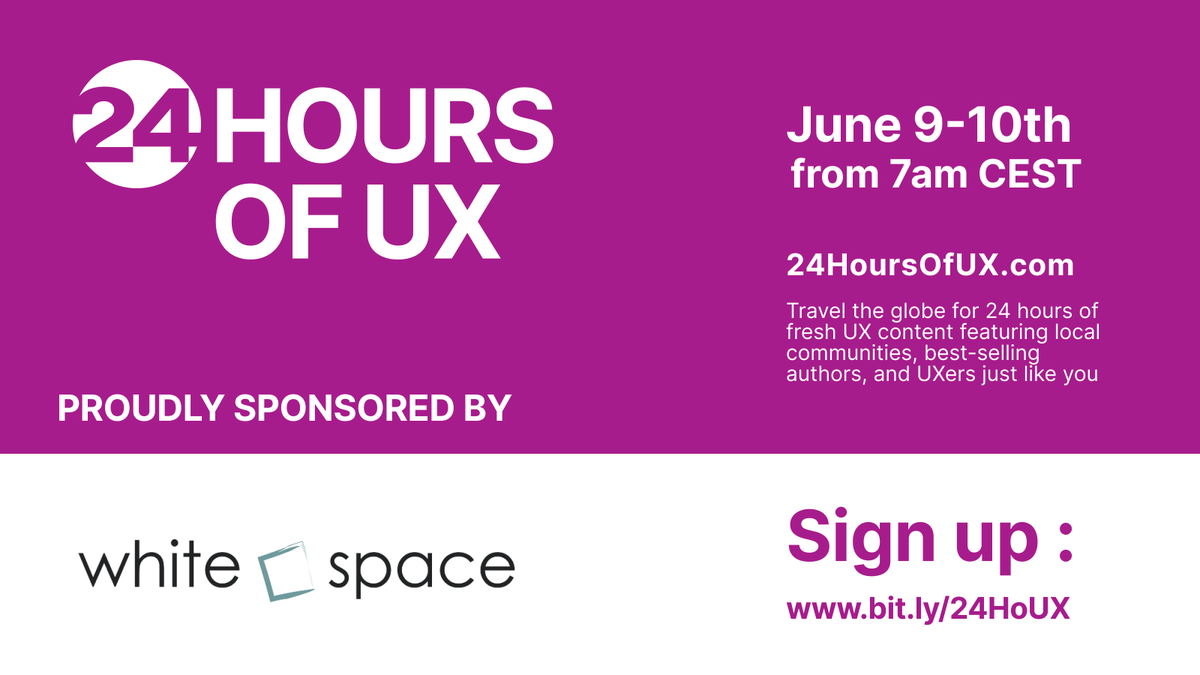 WhitespaceUX's tweet photo. Join us in June for 24 hours of non-stop UX awesomeness! Sign up at https://t.co/HCMkcixtic. Tickets are going fast. @24_ux https://t.co/2SRKgyrD47