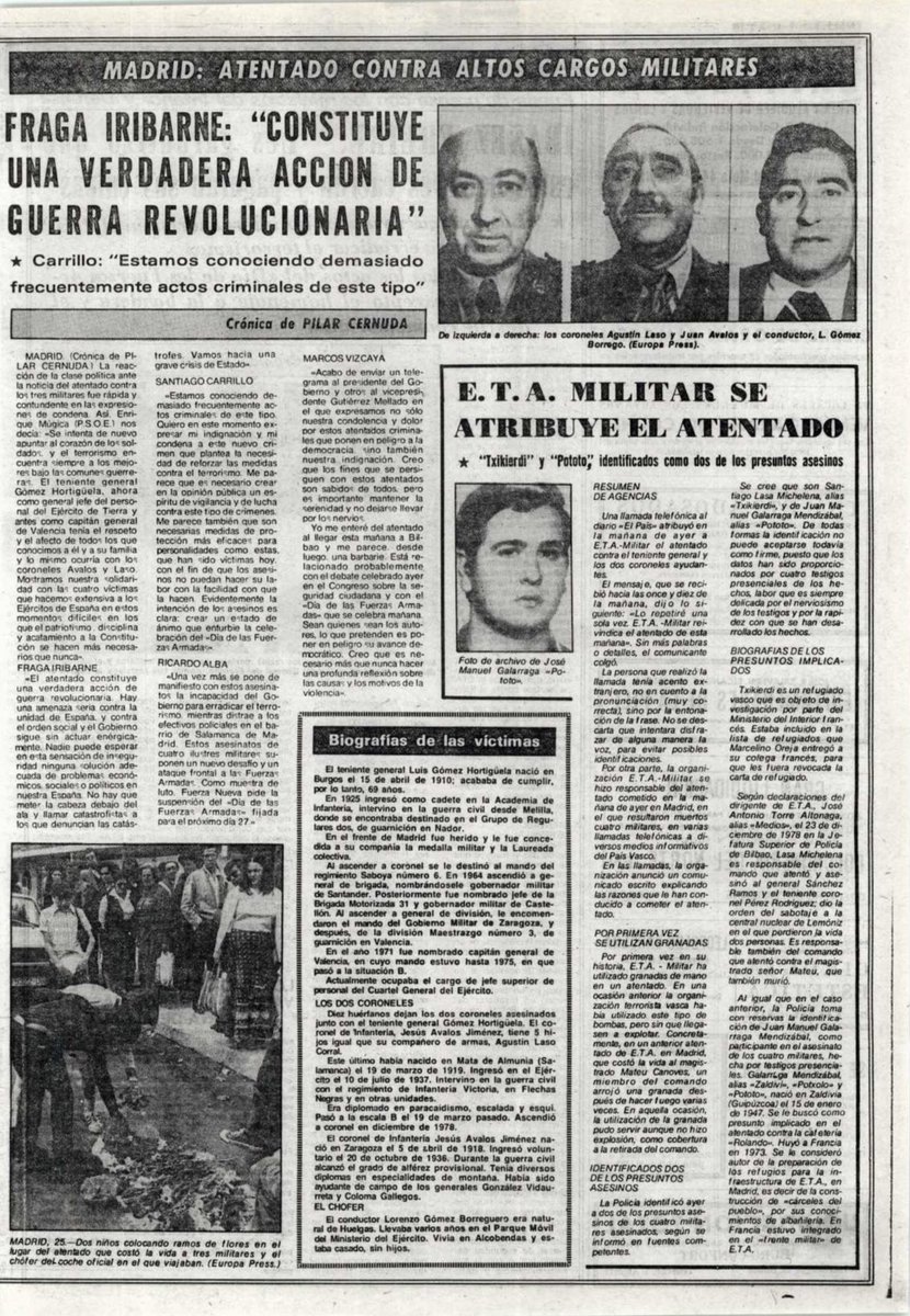 MemorialVT's tweet photo. Recordamos al coronel @EjercitoTierra AGUSTÍN LASO CORRAL asesinado por ETA-m en Madrid, 25 mayo 1979. Aprovechando la poca velocidad del coche, los dos asesinos se acercaron y dispararon dos ráfagas de metralleta, una por el lado del conductor y otra por la parte de detrás (3) https://t.co/UQh783JlZD