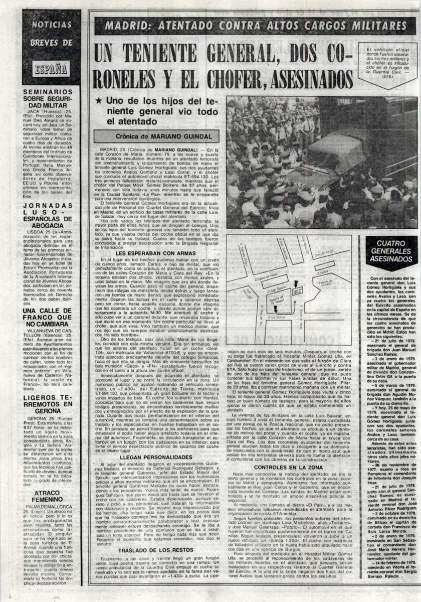 MemorialVT's tweet photo. Recordamos al coronel @EjercitoTierra AGUSTÍN LASO CORRAL asesinado por ETA-m en Madrid, 25 mayo 1979. Aprovechando la poca velocidad del coche, los dos asesinos se acercaron y dispararon dos ráfagas de metralleta, una por el lado del conductor y otra por la parte de detrás (3) https://t.co/UQh783JlZD