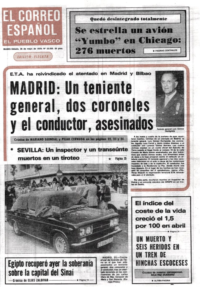 MemorialVT's tweet photo. Recordamos al coronel @EjercitoTierra AGUSTÍN LASO CORRAL asesinado por ETA-m en Madrid, 25 mayo 1979. Aprovechando la poca velocidad del coche, los dos asesinos se acercaron y dispararon dos ráfagas de metralleta, una por el lado del conductor y otra por la parte de detrás (3) https://t.co/UQh783JlZD