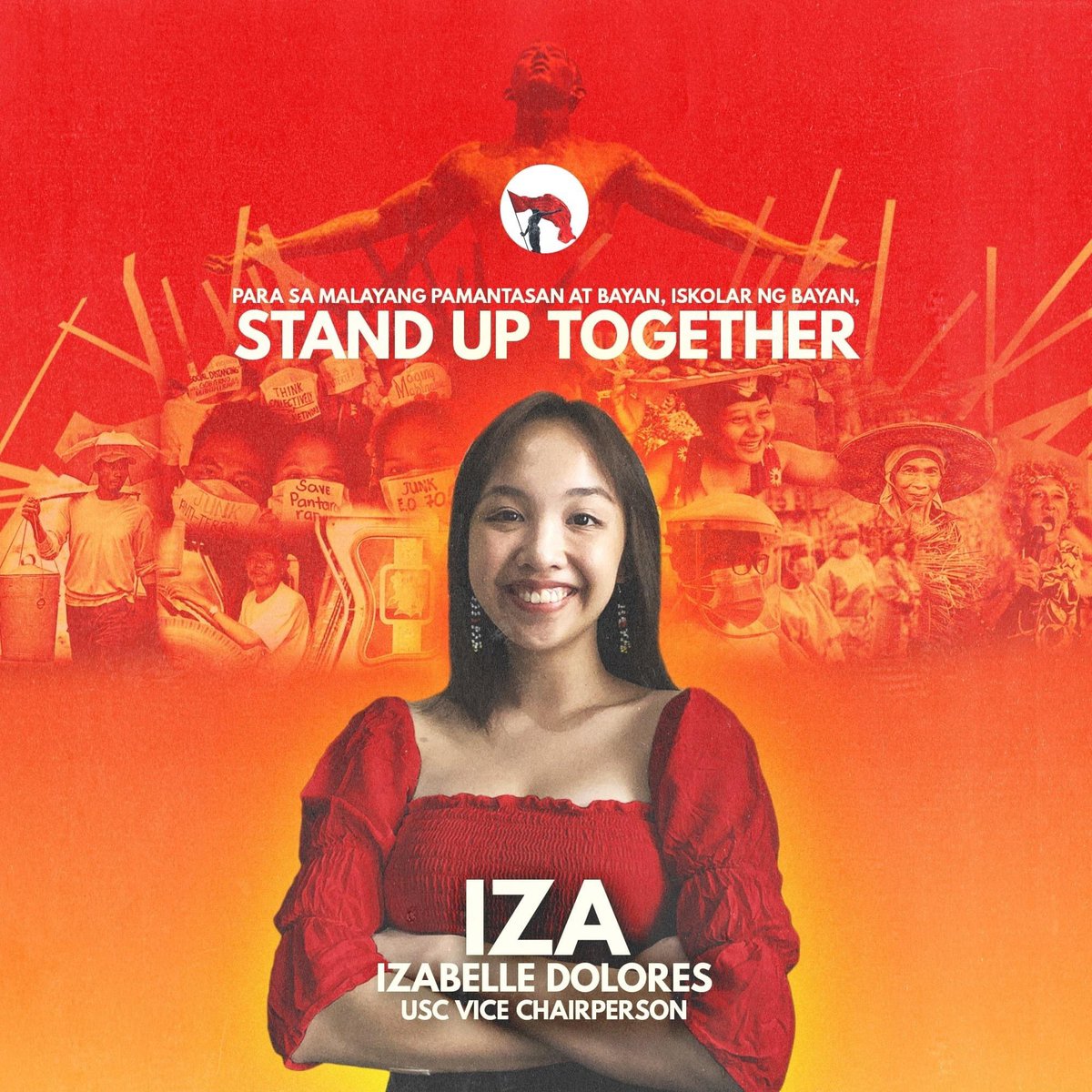 STANDwithIZA's tweet photo. Ako si Izabelle “Iza” Dolores (@izadolores_ ), ang inyong susunod USC Vice-Chairperson #IZAnglaban 

Para sa malayang pamantasan at bayan, Iskolar ng Bayan, stand up together!

#DefendUP
#StandUpTogether https://t.co/nPLTN4u4FL