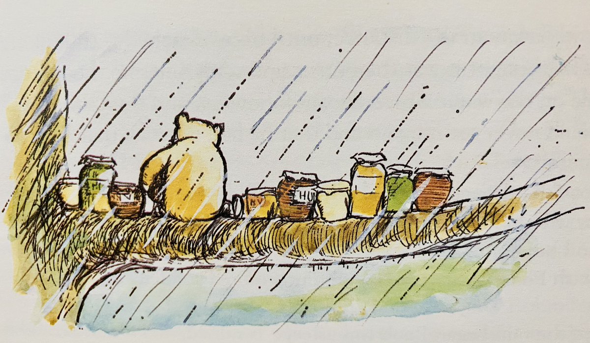 It rained and it rained and it rained. “This is serious,” said Pooh. “I must have an escape.” So he took his largest pot of honey and escaped with it to a broad branch of his tree, and then climbed down again and escaped with another pot... ~A.A.Milne #rain