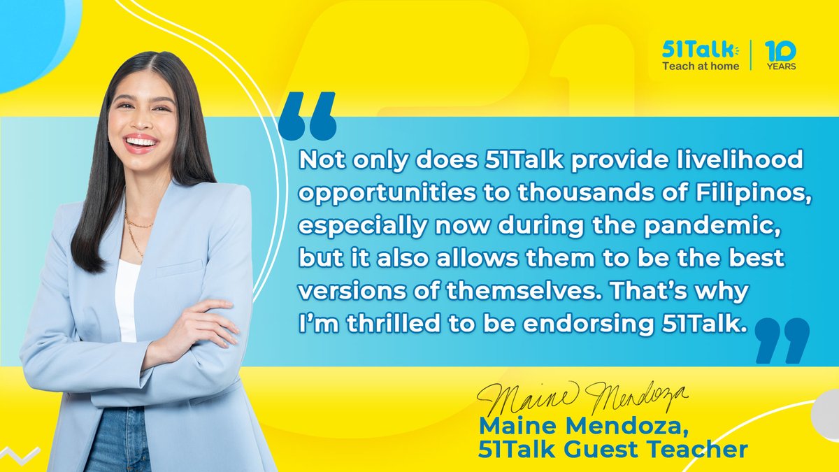 For Maine Mendoza <a href="/mainedcm/">Maine Mendoza</a>, having a flexible schedule is a big help for those with several responsibilities. This is why she lauds 51Talk's #TeachAtHome setup. Aside from giving teachers free reign of their time, it allows them to earn safely at home.

#MaineMendozaFor51Talk