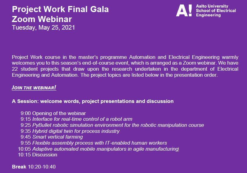 AaltoFof's tweet photo. We are excited that our student projects are presented today, from 9.30 - 10.20am EEST (open to public) online. Inform us if you're interested to join the session. https://t.co/LRNcxzHrnF