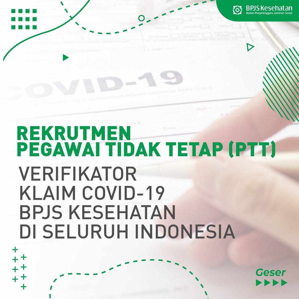 BPJSKesehatanRI's tweet photo. Halo, Sahabat!
Sekarang ini, BPJS Kesehatan sedang membuka rekrutmen Pegawai Tidak Tetap (PTT) untuk posisi Verifikator Klaim Covid-19, lho~

Untuk kalian yang sedang mencari pekerjaan dan memenuhi persyaratan, yuk segera mendaftar! https://t.co/7Bb6pcExVq