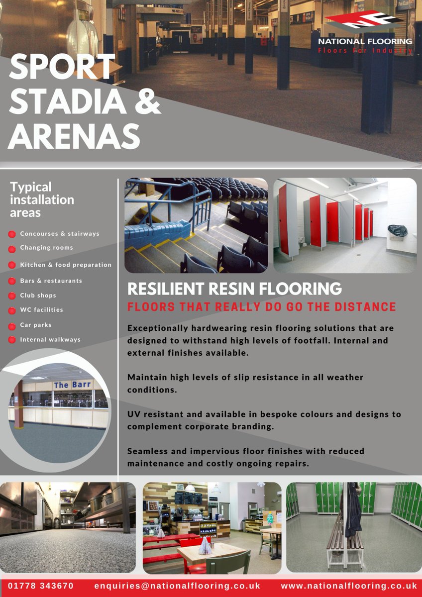 With stadiums and arenas beginning to open we wanted to share the benefits that a resin floor can provide

Slip resistant, high footfall levels &amp; UV resistant

Bespoke colours and designs to complement your team colours

Please call 01778 343670 or
ow.ly/udF850ETDbQ
