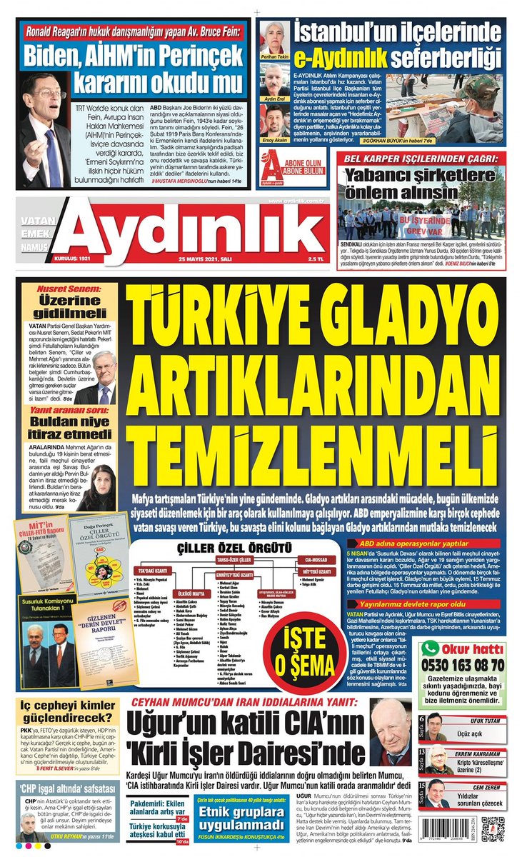"Yayınlarımız Devlete Rapor Oldu
TÜRKİYE GLADYO ARTIKLARINDAN TEMİZLENMELİ"

Aydınlık – 25 Mayıs 2021 #Salı | aydinlik.com.tr