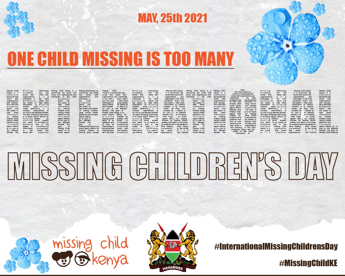 One child missing is one child too many!
Today on #InternationalMissingChildrensDay let's remember all the missing #sons and #daughters in our prayers. 
#MissingChildKE