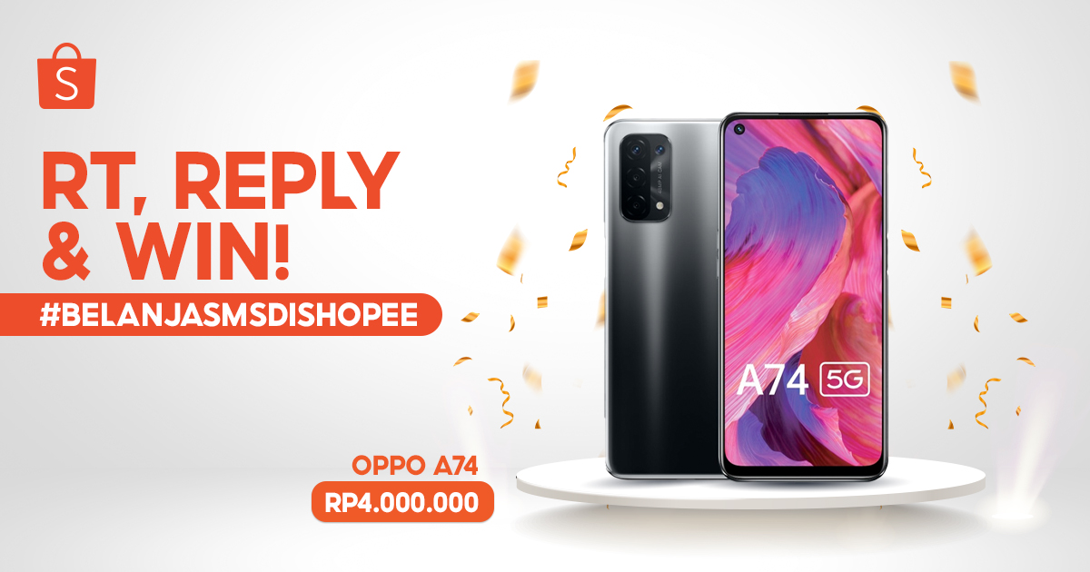 ShopeeID's tweet photo. Mimin juga mau 🎉GIVEAWAY OPPO A74🎉 senilai 4JT, nih! Ini dia caranya:

1. FOLLOW @ShopeeID
2. RT &amp; LIKE tweet ini
3. REPLY 'Shopee di Hatiku #BelanjaSMSdiShopee #SpesialBuatSobatShopee #GadgetBaruDariShopee' SEBANYAK-BANYAKNYA

Pemenang dipilih acak &amp; diumumkan 1 Juni 2021! https://t.co/H0Hrlw26OL