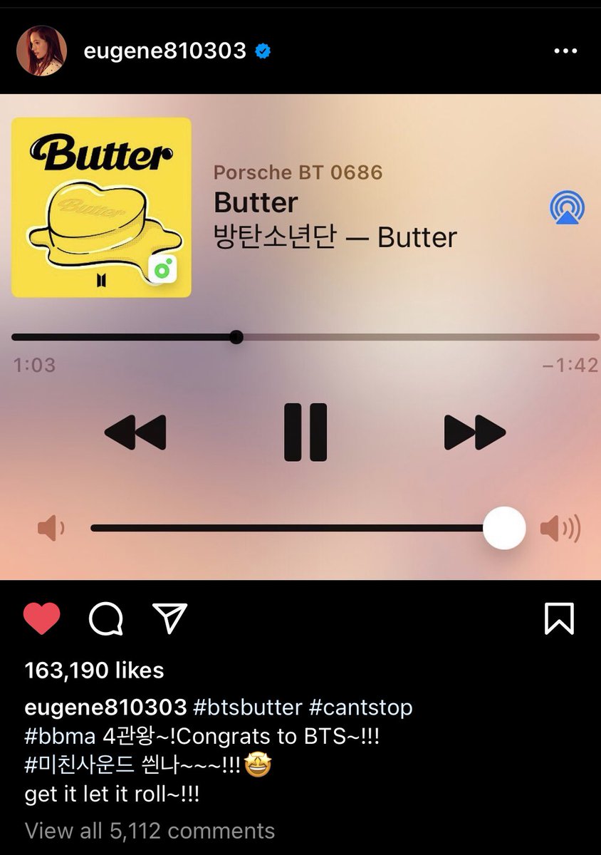Actress and singer Eugene (former member of girl group S.E.S., stars in dramas like ‘Penthouse’) posted #BTS_Butter on Instagram

instagram.com/p/CPRrYO5rghc/…