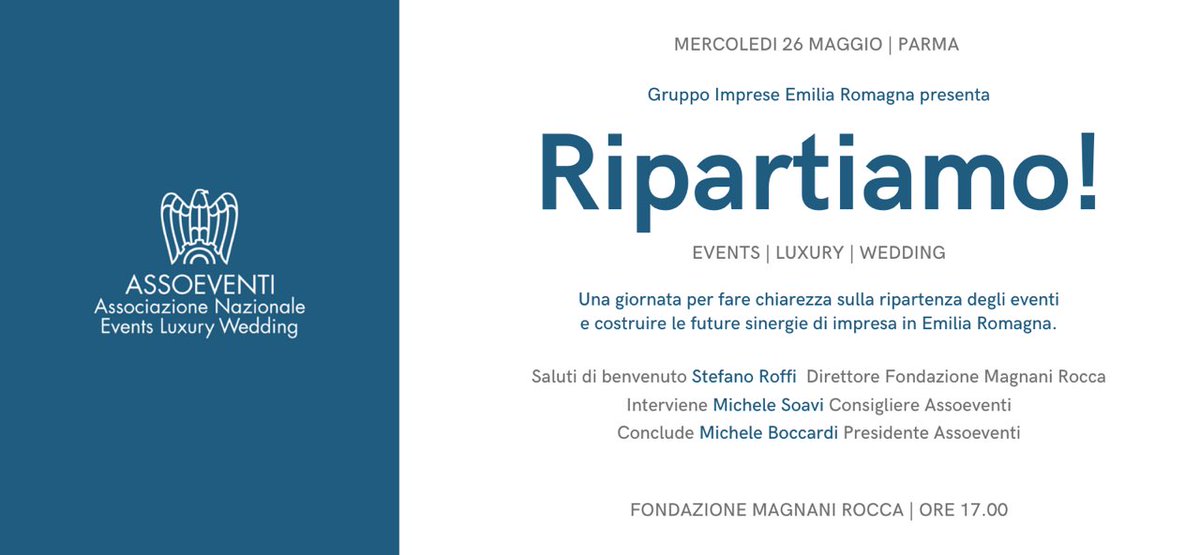 📌Si terrà domani, mercoledì 26 Maggio alle ore 17, un importante incontro organizzato dal Gruppo Imprese Emilia Romagna per far chiarezza sulla ripartenza del #wedding dopo un lungo periodo di stop causa pandemia. 

🔹Ripartiamo per guardare con più vigore e forza al #futuro!