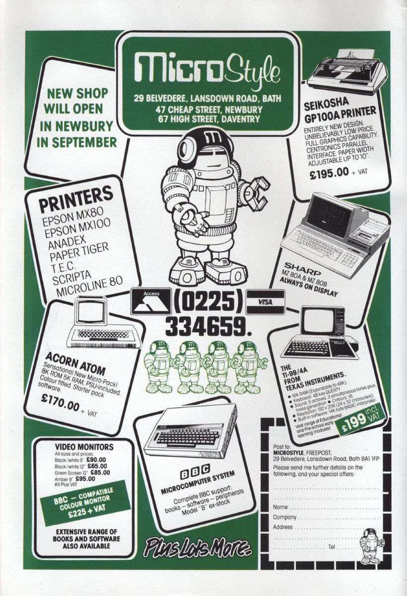 TakodanTweets's tweet photo. 1982 ad by a store called #MicroStyle showing a few gaming computers like #Acorn #Atom #TI99 and the #BBCMicro https://t.co/iatcizxN9q