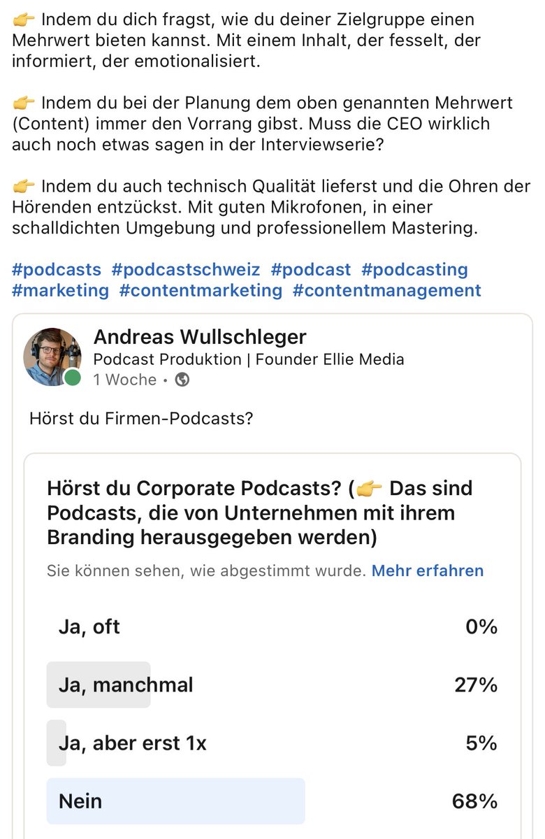wullipulli's tweet image. Fast 70% der Teilnehmenden meiner Umfrage hören keine Corporate Podcasts. Hab ich irgendwie erwartet. Gibt es dennoch Potential für Unternehmen?

Auf jedenfall! Denn ein guter Corporate Podcast lässt dich vergessen, dass er einer ist. 

Wie?

#podcasts  #podcastschweiz #podcast