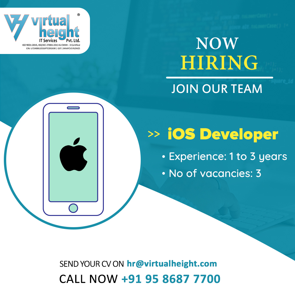 VirtualHeight's tweet image. Virtual Height IT Services Private Limited is hiring 'iOS Developers' for Ahmedabad Location.
#Experience: (0 to 03 Years)
#iosjobs #iosappdevelopers #experiencedevelopers #iosdevelopment #helpinghands #hiring #josbseekers #iosdevelopers #hiringalert #lookingforjob #freshers